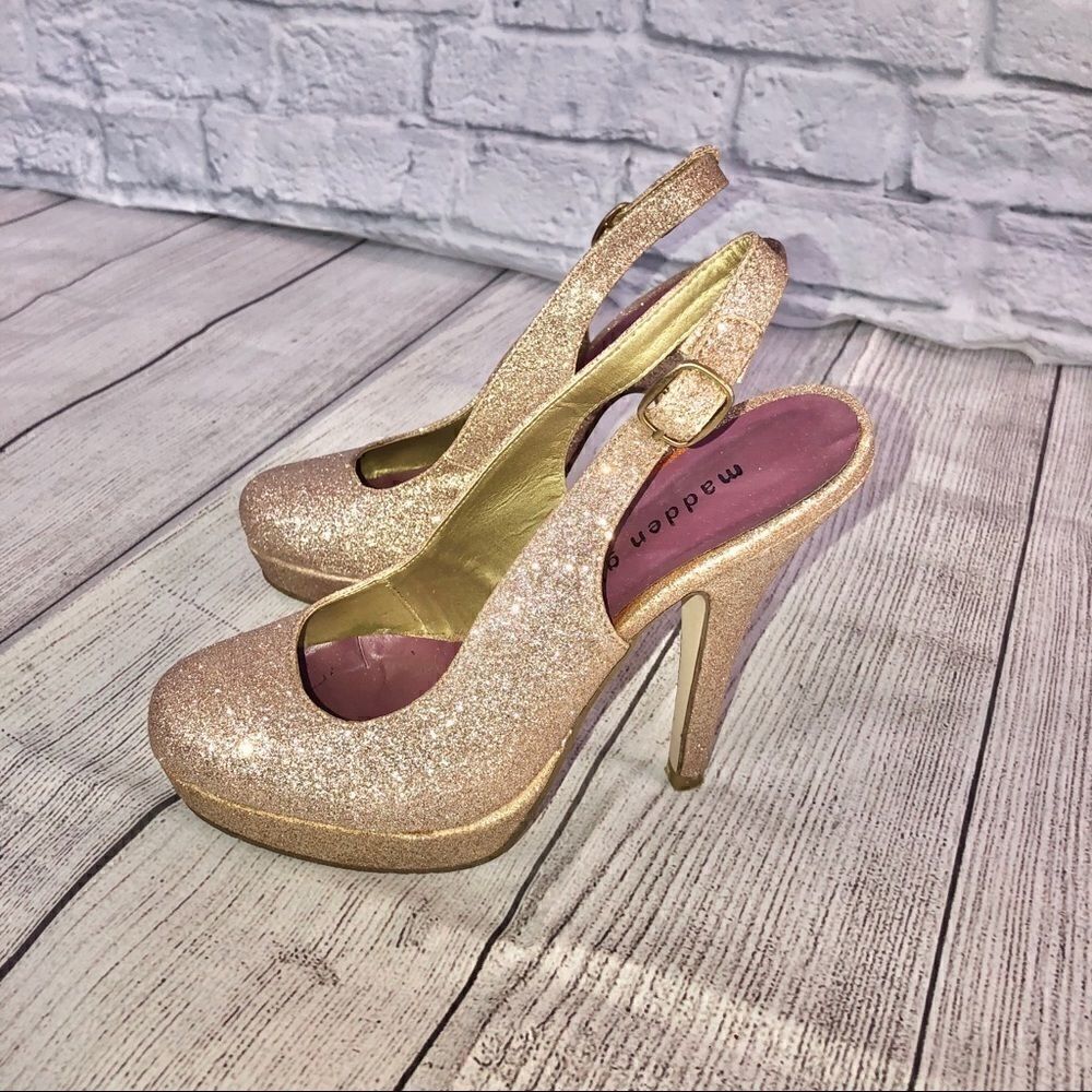 madden girl sling back gold glitter heels size 7
